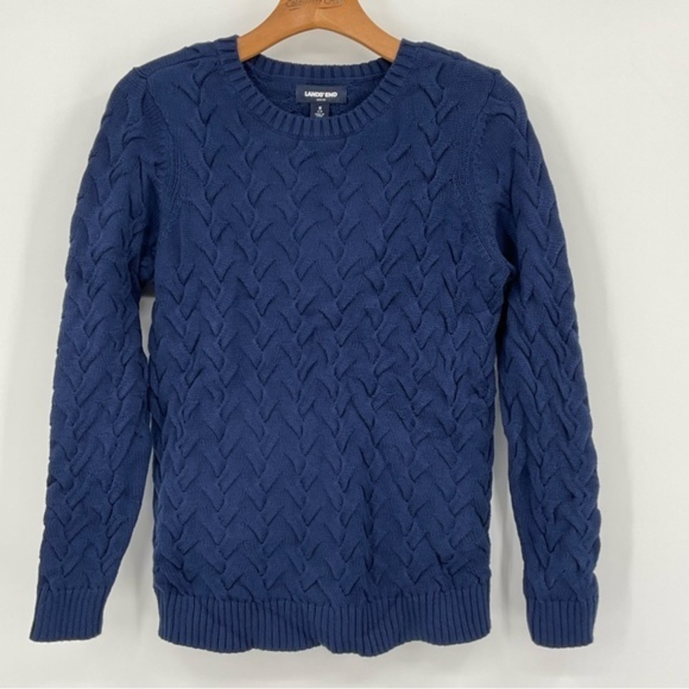 Lands End Womens Blue Cotton Drifter Cable Crew Neck‎ Sweater Size Small H12